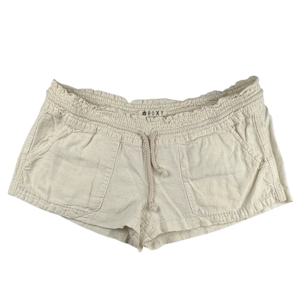 Roxy Womens Cream Linen Blend Smocked Waist Beach Shorts Size L Drawstring - Picture 1 of 3